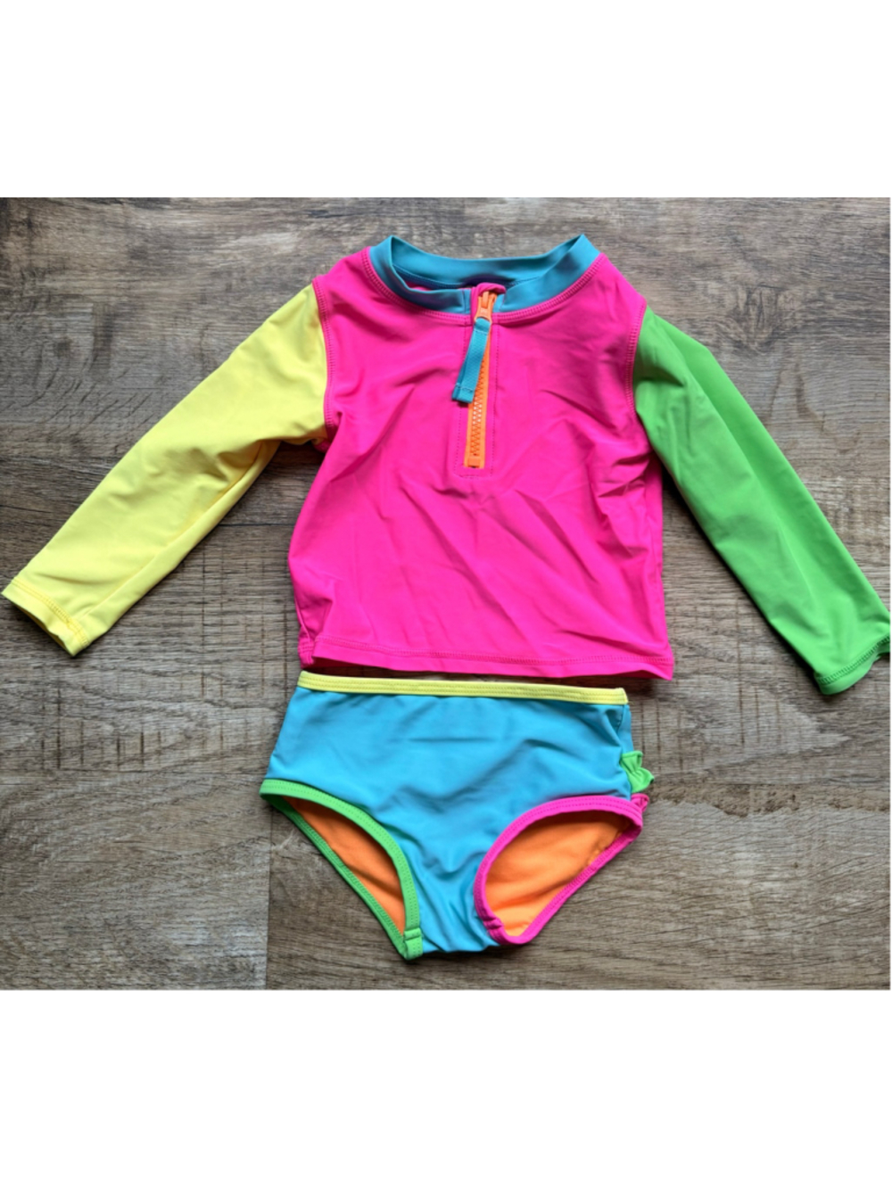 RuffleButts Toddler Girls Colorblock Rash Guard Swimsuit Set – Size 18-24M